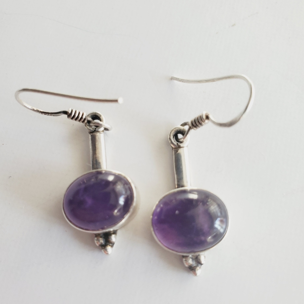 Vintage Sterling Silver Indian Amethyst Drop Earrings